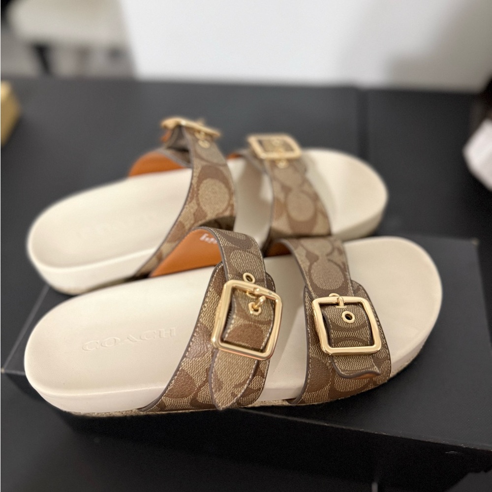 Coach Women's Brown Slide Sandals with Gold Buckles